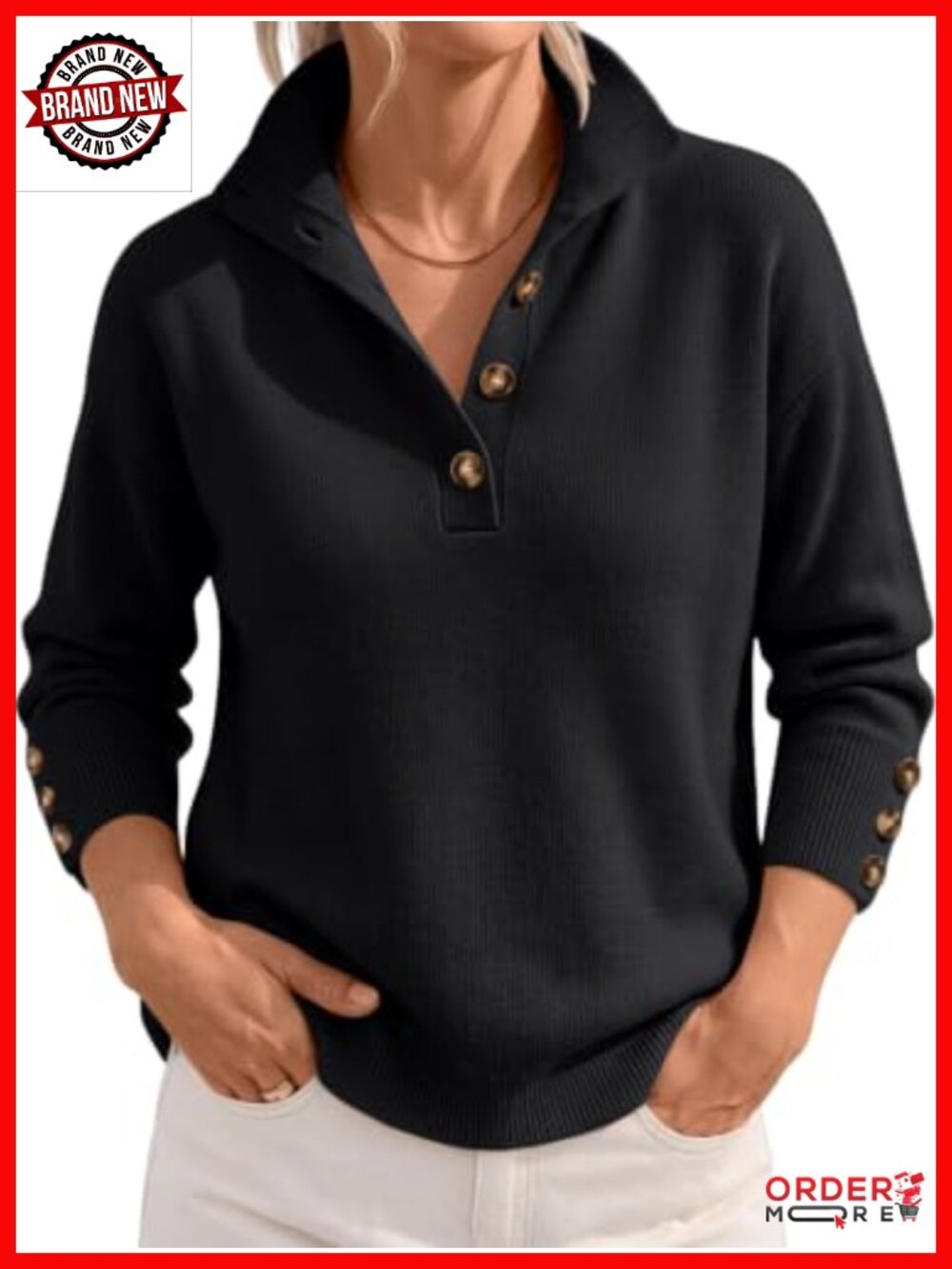 Stand Collar Henley Knit Sweater Long Sleeve Button Pullover Fall Top
